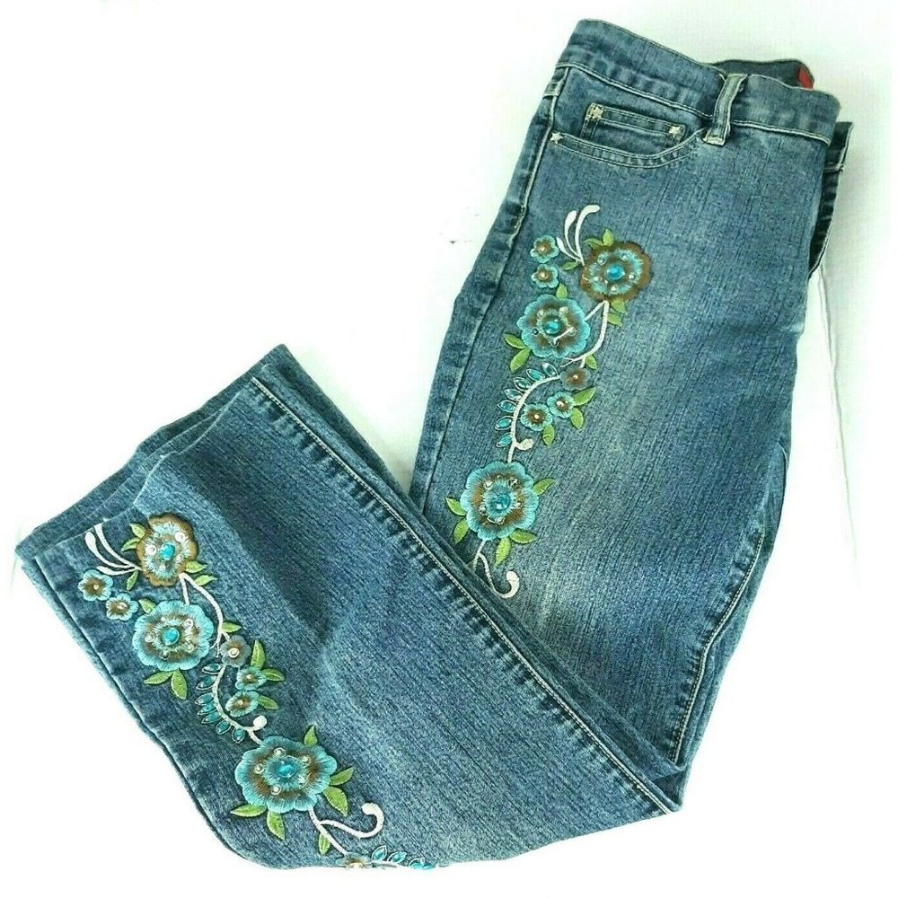 Pazzo Jeans Bootcut Embroidered Floral Med Wash